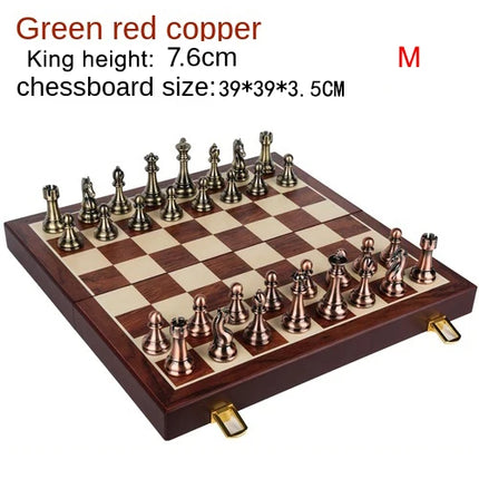 Retro Bronze Metal Chess Board Game 30CM 52CM Folding Wooden Chessboard Luxury Board Games for Children Chess Set Christmas Gift