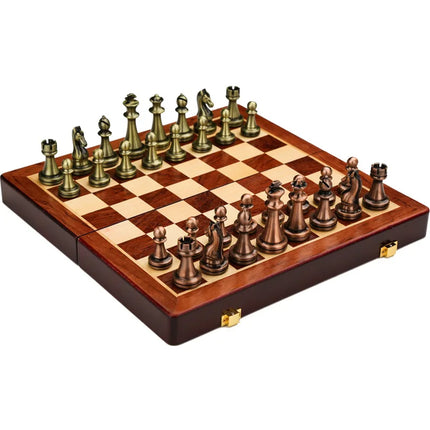 Retro Bronze Metal Chess Board Game 30CM 52CM Folding Wooden Chessboard Luxury Board Games for Children Chess Set Christmas Gift