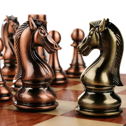 52CM Luxury Chess Board Games Bronze Metal Chess Pieces Set Folding Wooden Checkerboard Creative Family Board Games for Children