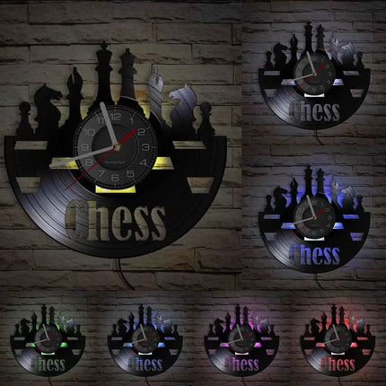 Chess Pieces Vinyl Album Record Clock Black Board Game Wall Art Game Room Decor Timepieces Wall Hanging Silent Non Ticking Clock