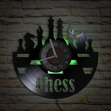 Chess Pieces Vinyl Album Record Clock Black Board Game Wall Art Game Room Decor Timepieces Wall Hanging Silent Non Ticking Clock