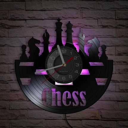 Chess Pieces Vinyl Album Record Clock Black Board Game Wall Art Game Room Decor Timepieces Wall Hanging Silent Non Ticking Clock