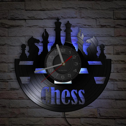 Chess Pieces Vinyl Album Record Clock Black Board Game Wall Art Game Room Decor Timepieces Wall Hanging Silent Non Ticking Clock