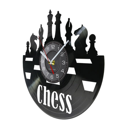 Chess Pieces Vinyl Album Record Clock Black Board Game Wall Art Game Room Decor Timepieces Wall Hanging Silent Non Ticking Clock