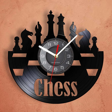 Chess Pieces Vinyl Album Record Clock Black Board Game Wall Art Game Room Decor Timepieces Wall Hanging Silent Non Ticking Clock