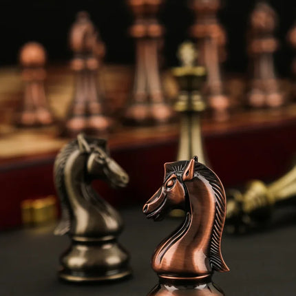 52CM Luxury Chess Board Games Bronze Metal Chess Pieces Set Folding Wooden Checkerboard Creative Family Board Games for Children