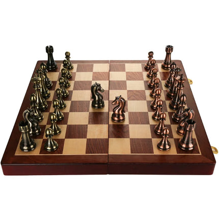 52CM Luxury Chess Board Games Bronze Metal Chess Pieces Set Folding Wooden Checkerboard Creative Family Board Games for Children