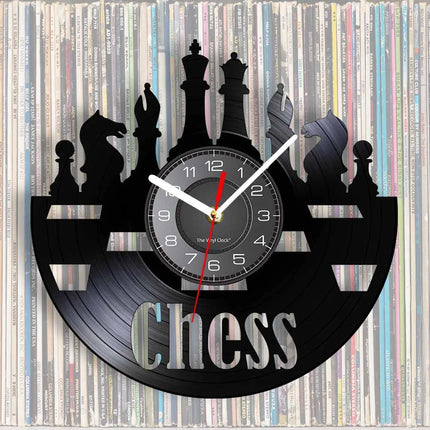 Chess Pieces Vinyl Album Record Clock Black Board Game Wall Art Game Room Decor Timepieces Wall Hanging Silent Non Ticking Clock