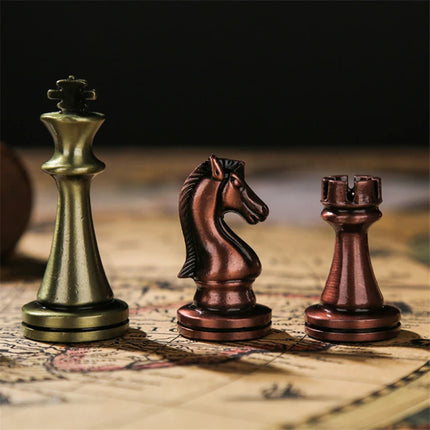 Retro Bronze Metal Chess Board Game 30CM 52CM Folding Wooden Chessboard Luxury Board Games for Children Chess Set Christmas Gift