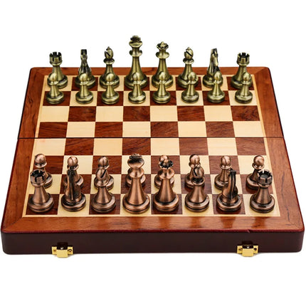 Retro Bronze Metal Chess Board Game 30CM 52CM Folding Wooden Chessboard Luxury Board Games for Children Chess Set Christmas Gift