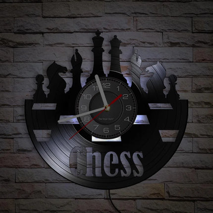 Chess Pieces Vinyl Album Record Clock Black Board Game Wall Art Game Room Decor Timepieces Wall Hanging Silent Non Ticking Clock