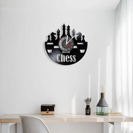 Chess Pieces Vinyl Album Record Clock Black Board Game Wall Art Game Room Decor Timepieces Wall Hanging Silent Non Ticking Clock