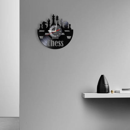 Chess Pieces Vinyl Album Record Clock Black Board Game Wall Art Game Room Decor Timepieces Wall Hanging Silent Non Ticking Clock