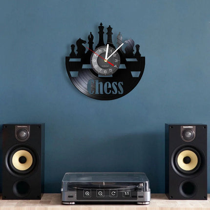 Chess Pieces Vinyl Album Record Clock Black Board Game Wall Art Game Room Decor Timepieces Wall Hanging Silent Non Ticking Clock