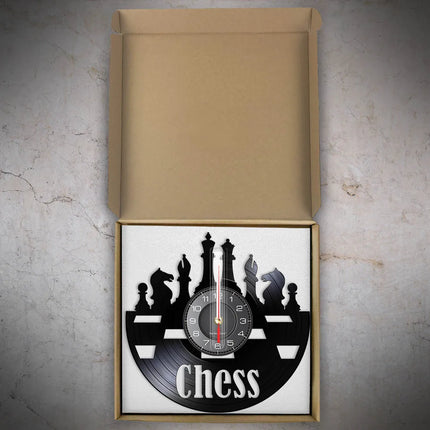 Chess Pieces Vinyl Album Record Clock Black Board Game Wall Art Game Room Decor Timepieces Wall Hanging Silent Non Ticking Clock