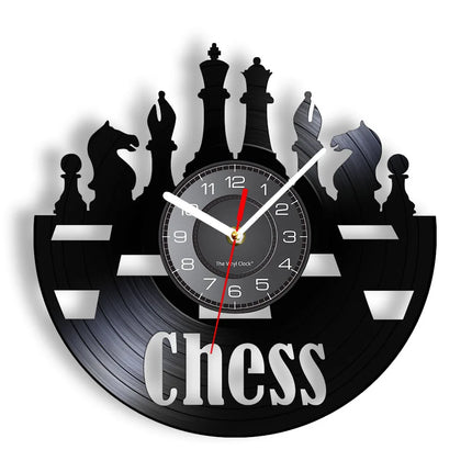 Chess Pieces Vinyl Album Record Clock Black Board Game Wall Art Game Room Decor Timepieces Wall Hanging Silent Non Ticking Clock