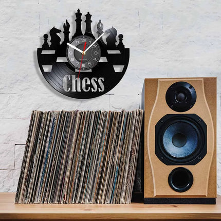 Chess Pieces Vinyl Album Record Clock Black Board Game Wall Art Game Room Decor Timepieces Wall Hanging Silent Non Ticking Clock