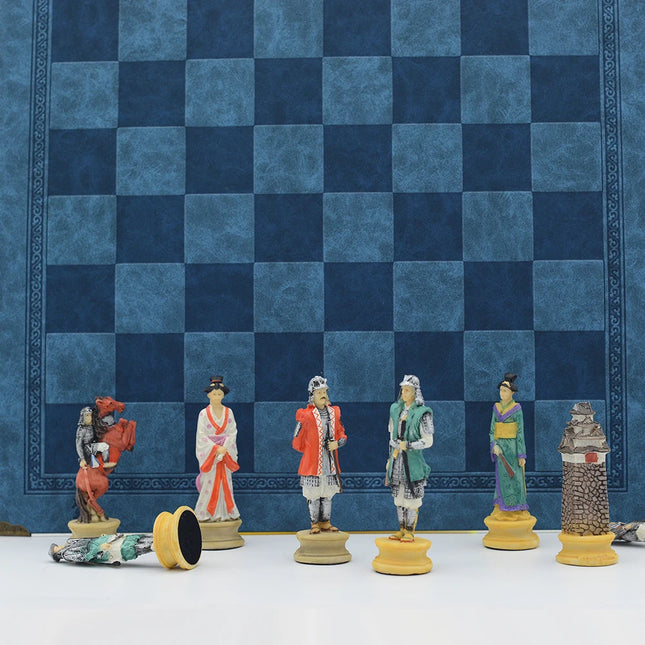 Japanese Samurai Character Themed Resin Chess with Leather Checkerboard Table Puzzle Game Toy Deluxe Knight Holiday Gift Chess