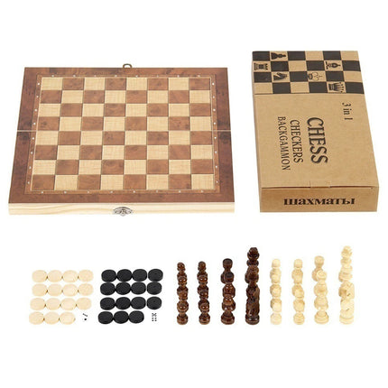 3in 1 Portable Travel Chess Checker Backgammon, Folding Storage Wooden Chess Set, International Checkers Board Game