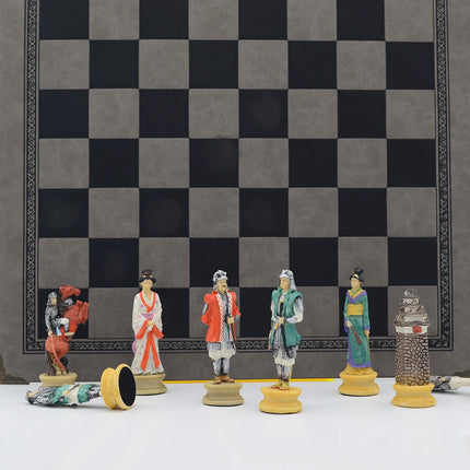 Japanese Samurai Character Themed Resin Chess with Leather Checkerboard Table Puzzle Game Toy Deluxe Knight Holiday Gift Chess