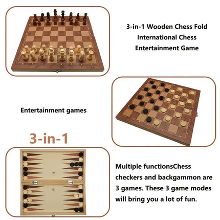 3in 1 Portable Travel Chess Checker Backgammon, Folding Storage Wooden Chess Set, International Checkers Board Game