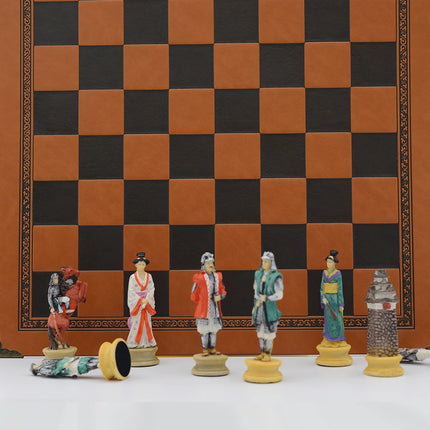 Japanese Samurai Character Themed Resin Chess with Leather Checkerboard Table Puzzle Game Toy Deluxe Knight Holiday Gift Chess