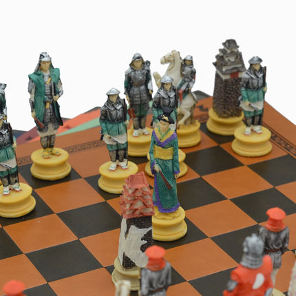 Japanese Samurai Character Themed Resin Chess with Leather Checkerboard Table Puzzle Game Toy Deluxe Knight Holiday Gift Chess