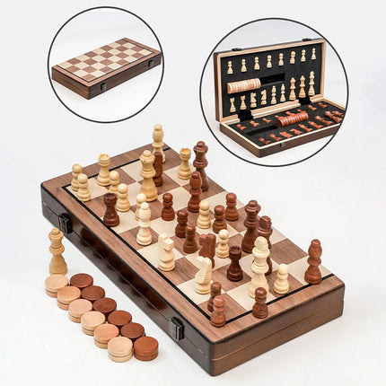 Wooden Magnetic International Chess Set Luxury Large Foldable Chess Board Game 2 In 1 Backgammon Educational Child Games Gifts